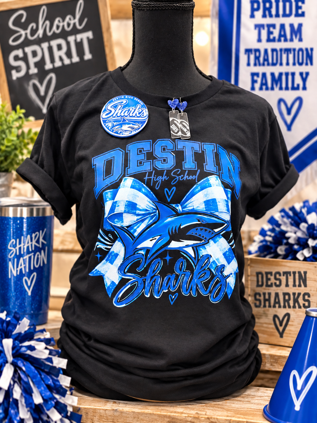 Destin Sharks High School Spirit Shirt | Blue & White Shark Graphic Tee | Game Day Shirt