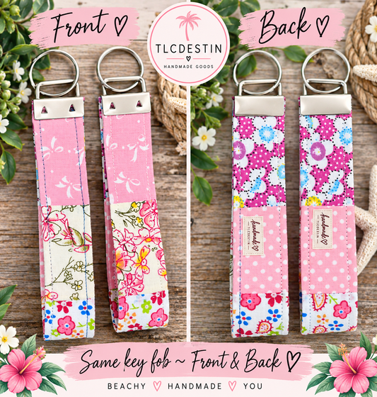 Handmade Fabric Key Fob Wristlet – pink Floral Wristlet Keychain. Sold separately