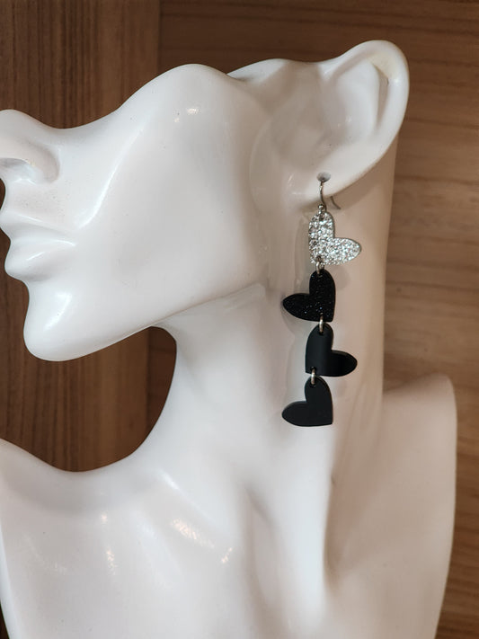 Valentine Heart Earrings | Black & Glitter Acrylic Heart Dangle Earrings | Handmade Valentine’s Day Jewelry | Gift for Her
